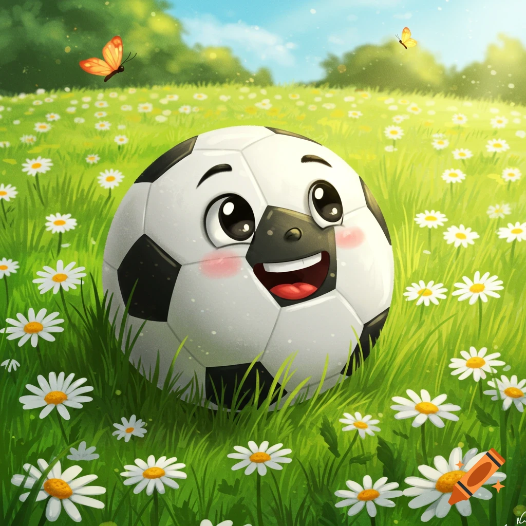 A cute, smiling anthropomorphic soccer ball with rosy cheeks sits in a sunny green field of white daisies with butterflies flying around.