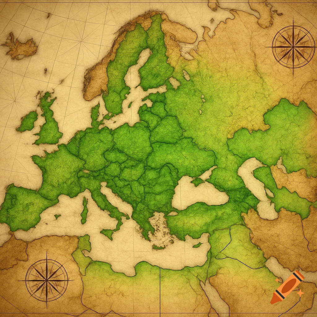 Old-style map of Europe with numerous countries colored green, featuring a textured, parchment-like appearance.