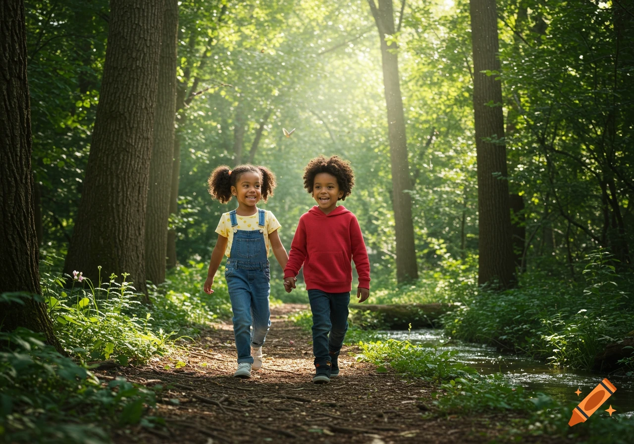 Two smiling children with curly hair, a girl in overalls and a boy in a red hoodie, walk hand-in-hand on a sunlit forest path with a stream nearby.