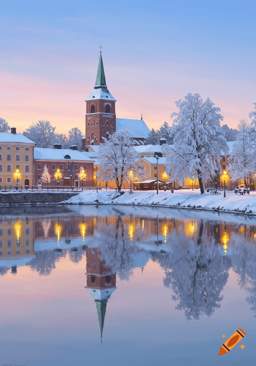 Snowy winter townscape at dusk. A tall church, houses, and snow-covered trees line a river, reflecting in the calm water.
