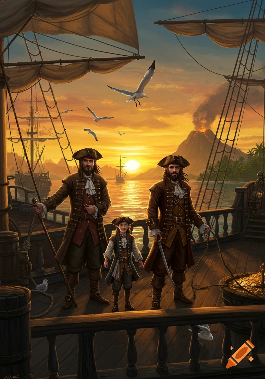 Digital painting of two adult pirates and a child on a ship's deck at sunset, with other ships and a smoking volcano island.