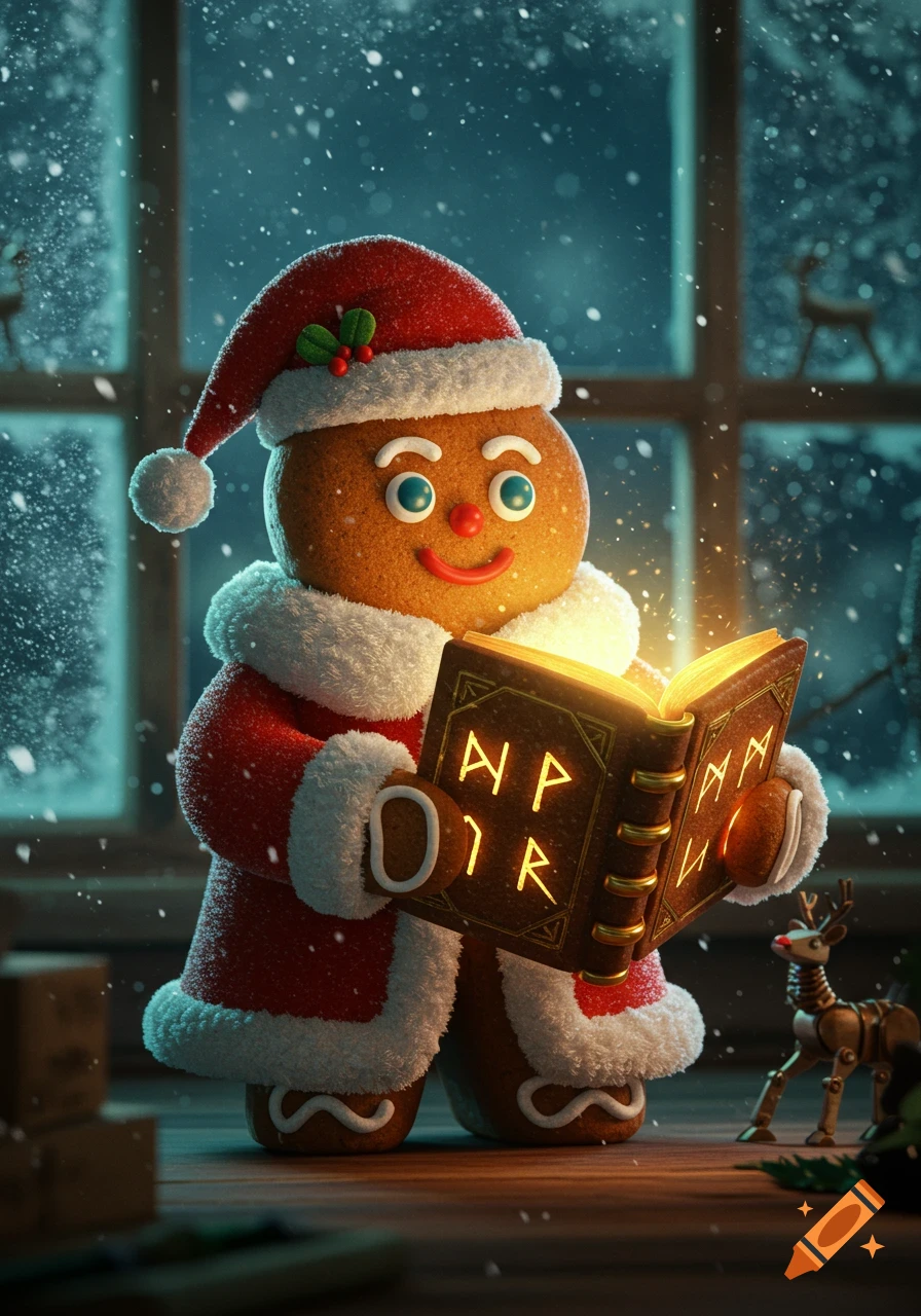 An anthropomorphic gingerbread man in a Santa coat holds a glowing antique book with golden runes, in a cozy, snowy setting.