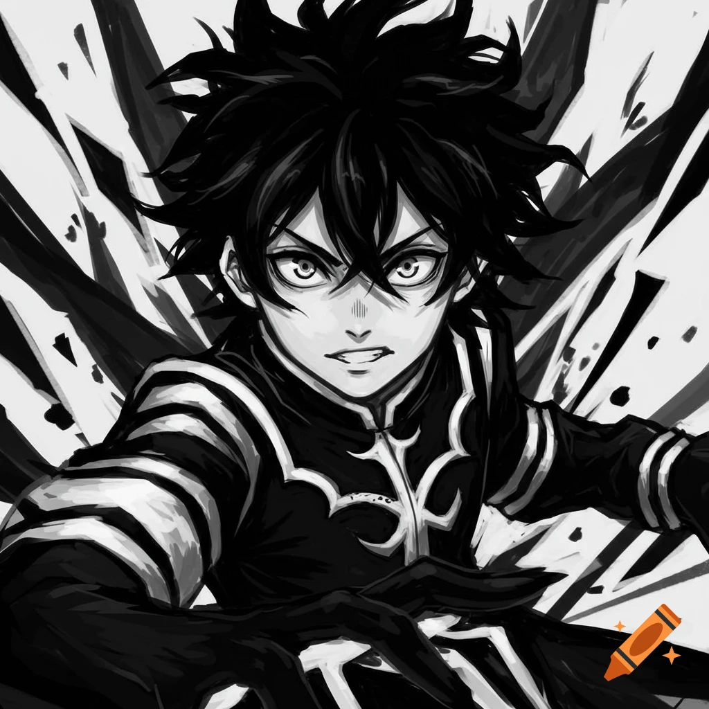 Black and white anime drawing of an intense young man with spiky black hair in an ornate dark uniform.