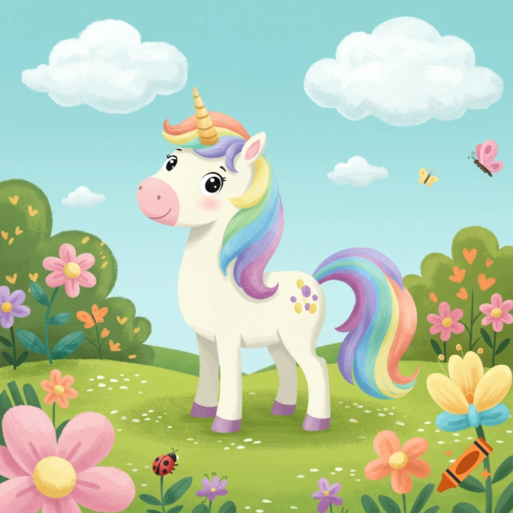 A cheerful cartoon unicorn with a rainbow mane and tail stands in a vibrant green field with colorful flowers and butterflies under a blue sky.