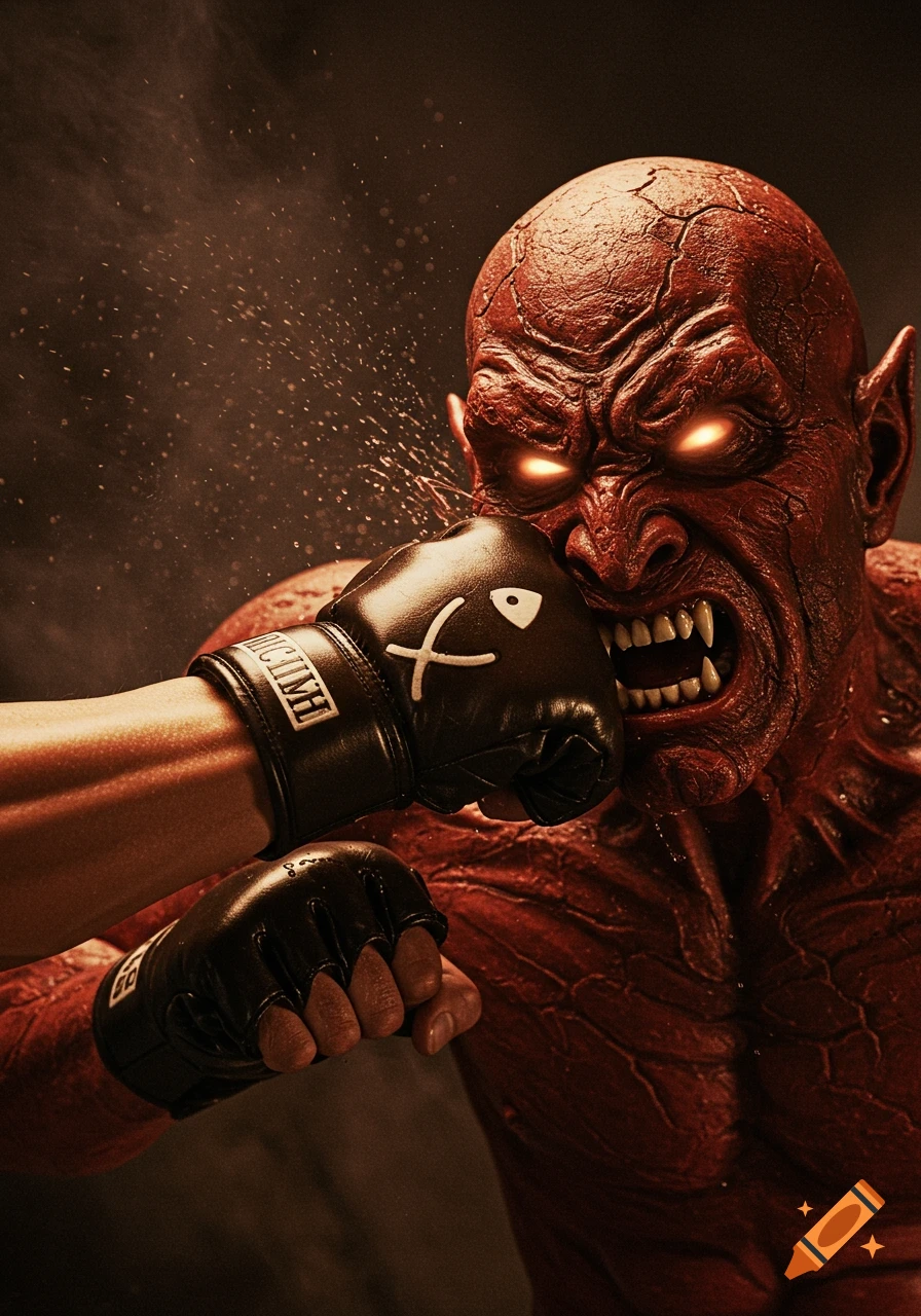 A close-up, photorealistic, grainy image of a red-skinned demon being punched on the cheek by a gloved hand, causing a splash. The demon has glowing eyes and sharp fangs.