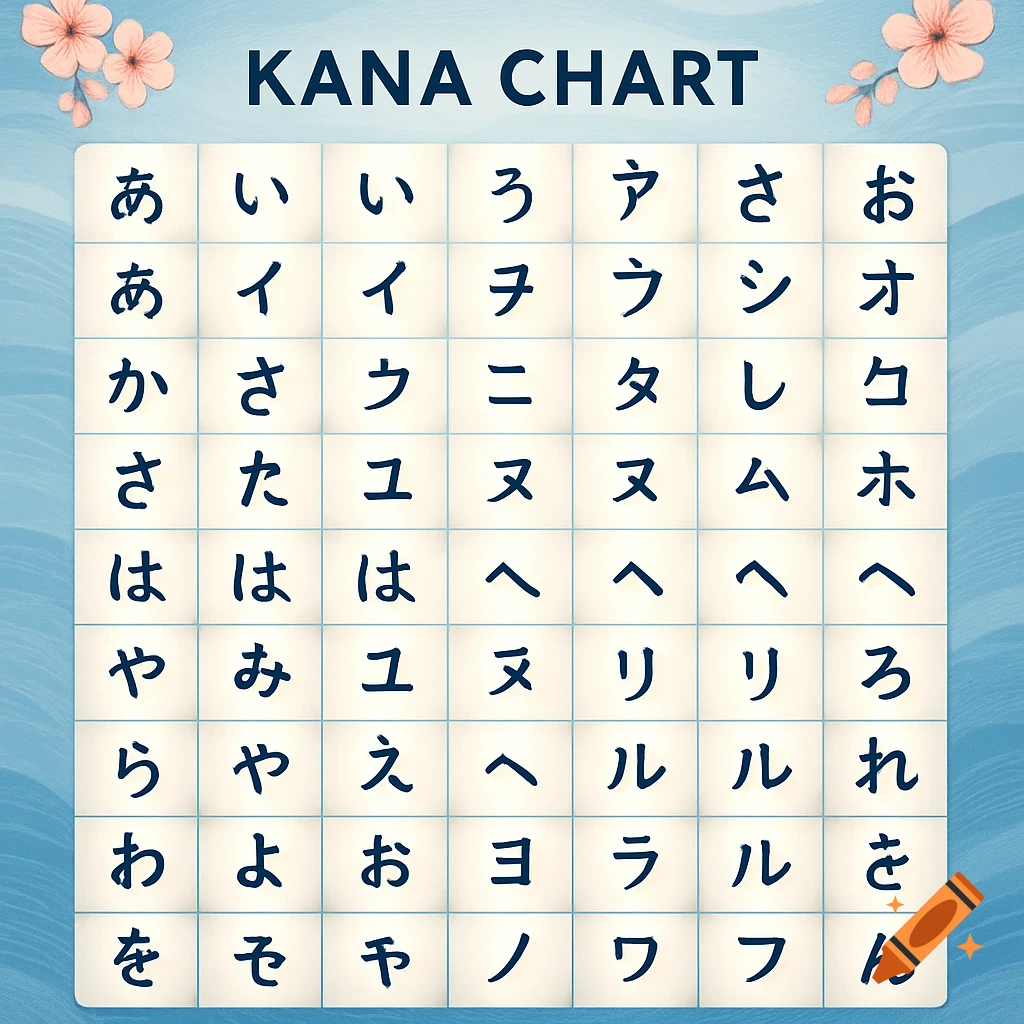 A colorful Japanese Kana chart displaying Hiragana and Katakana characters in a grid, with a blue background and pink cherry blossoms.