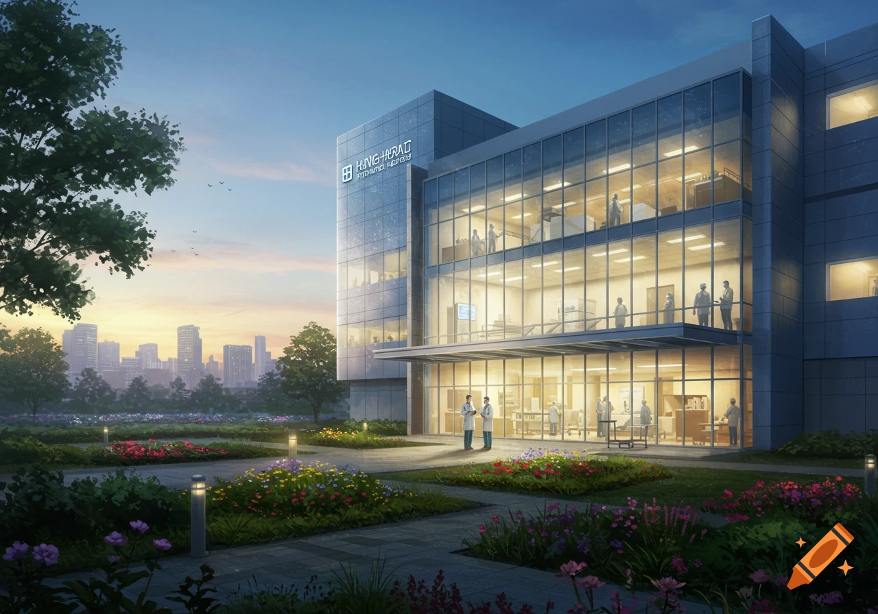 A modern, multi-story glass-fronted hospital building at sunrise or sunset, surrounded by colorful flower beds and lush green landscaping. Doctors are visible inside and outside the entrance, with a city skyline in the distant background. Photorealistic style.