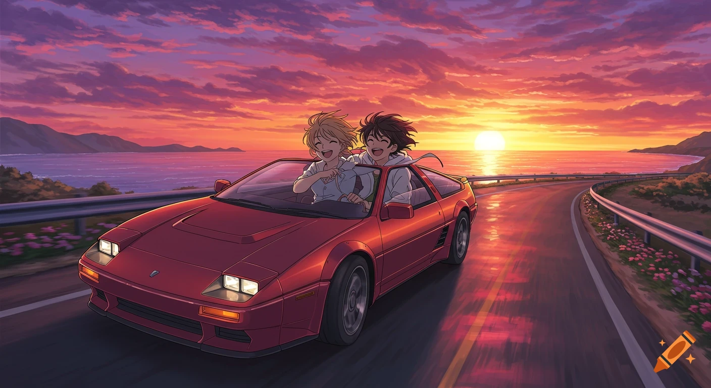 Two happy anime characters drive a red sports car along a coastal road at sunset.
