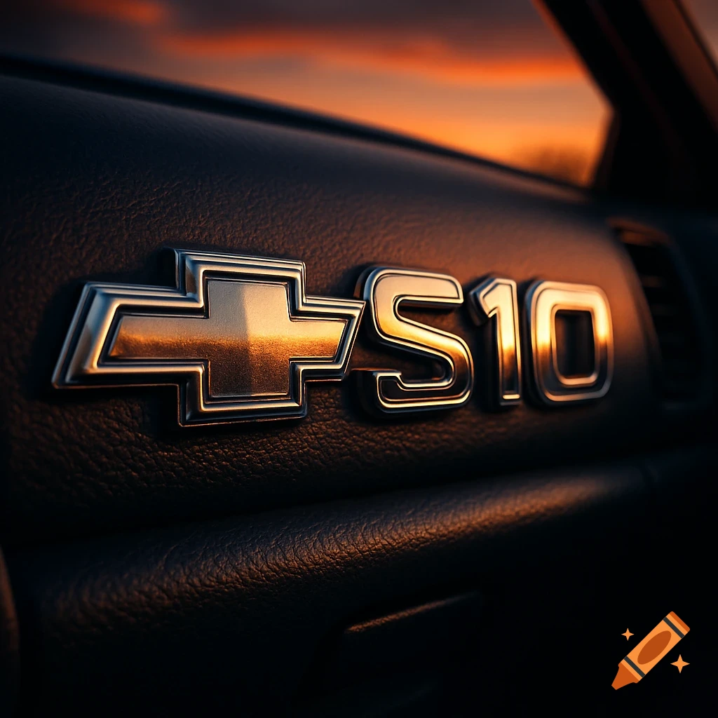 Close-up of a metallic Chevrolet S10 emblem on a car dashboard, reflecting a warm sunset glow.
