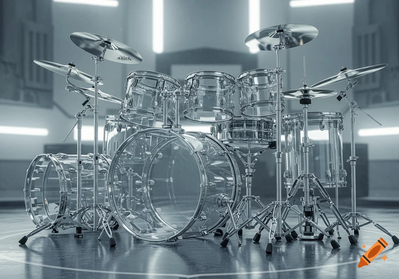 A photorealistic 3D rendering of a clear and metallic drum kit on a stage with glowing rectangular lights in the background.