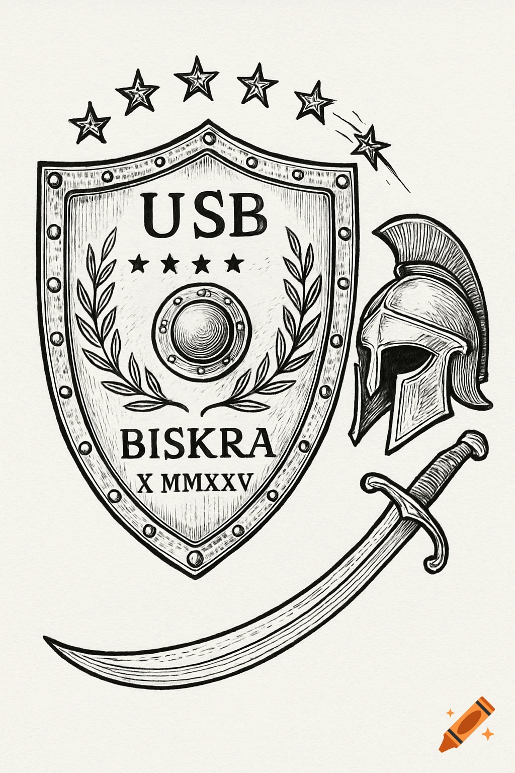 Black ink hand-drawn illustration of a shield with 'USB', 'BISKRA', 'X MMXXV' text, stars, alongside a warrior helmet and curved sword.