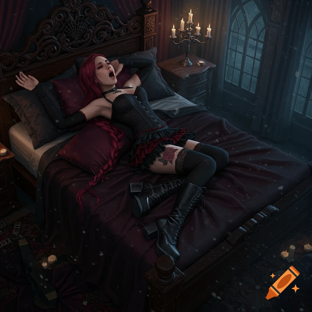 A red-haired woman in gothic attire stretches and yawns on a large, ornate bed in a candlelit gothic bedroom, digital painting.