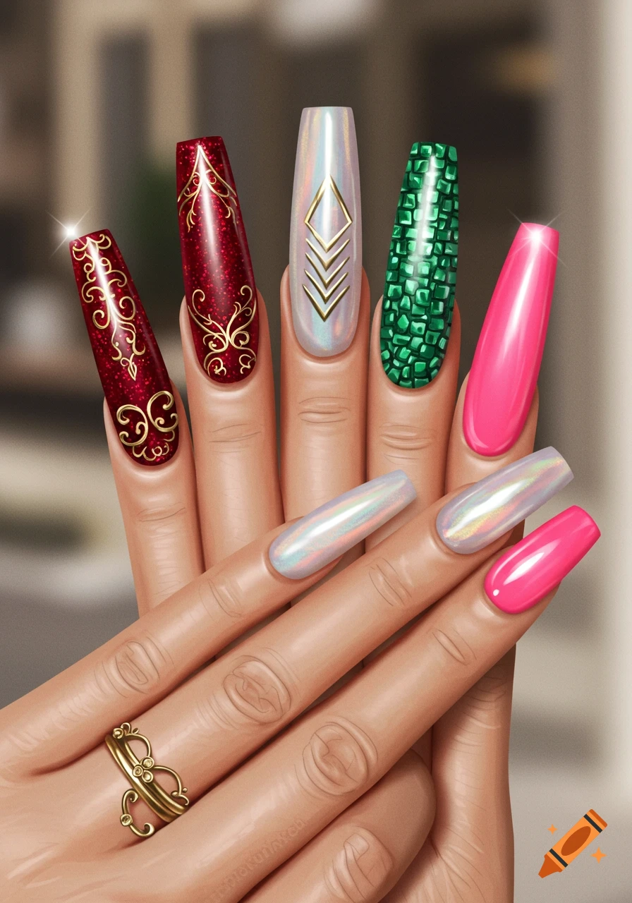 A hand with long, coffin-shaped nails featuring red glitter with gold filigree, white with gold geometry, green scales, and pink, along with a gold ring.