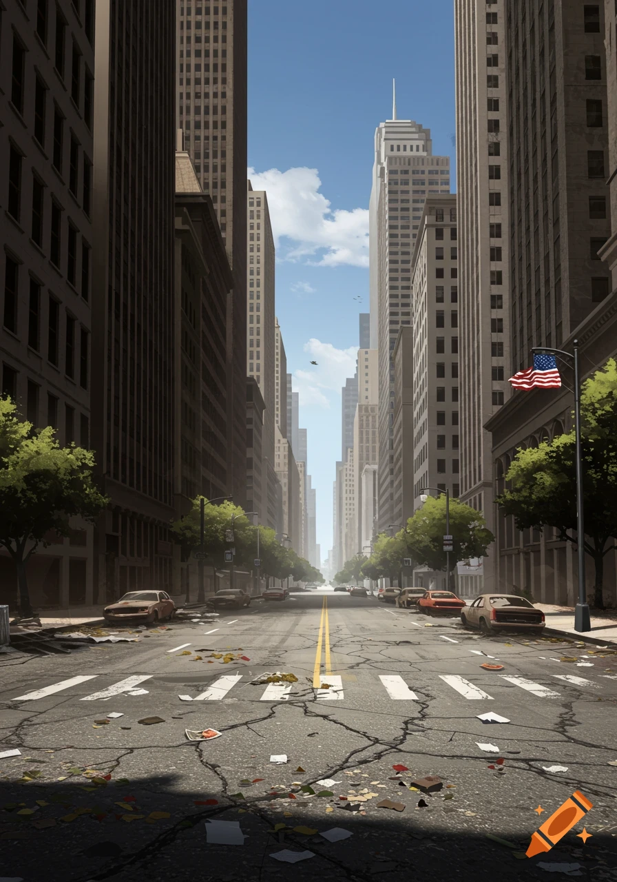 A long, deserted city street lined with tall, brown buildings and abandoned cars, with an American flag flying on the right.