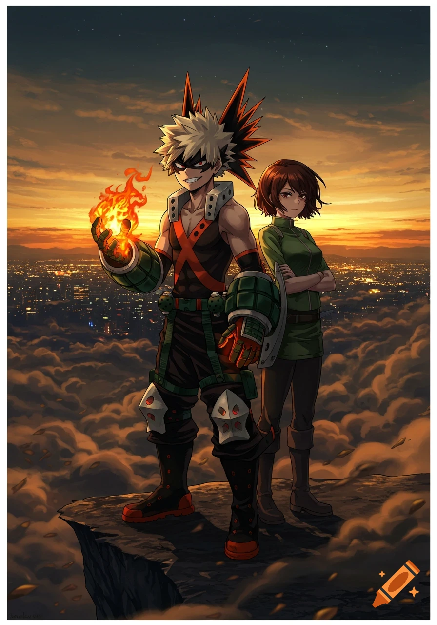 Anime-style characters, Bakugo holding fire and a brown-haired woman, on a cliff above a city at sunset.