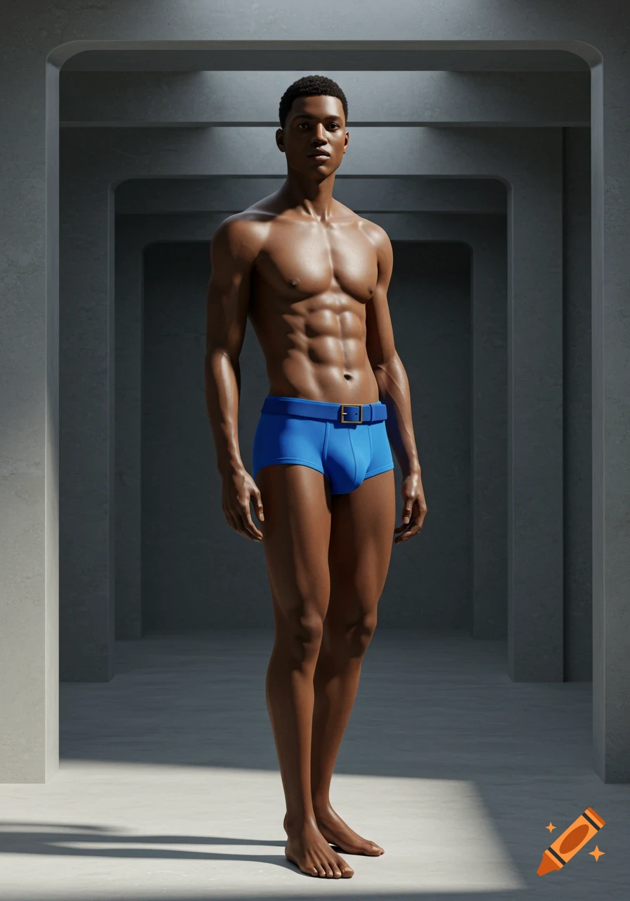 A muscular Black man in blue underwear with a belt stands in a gray concrete room.