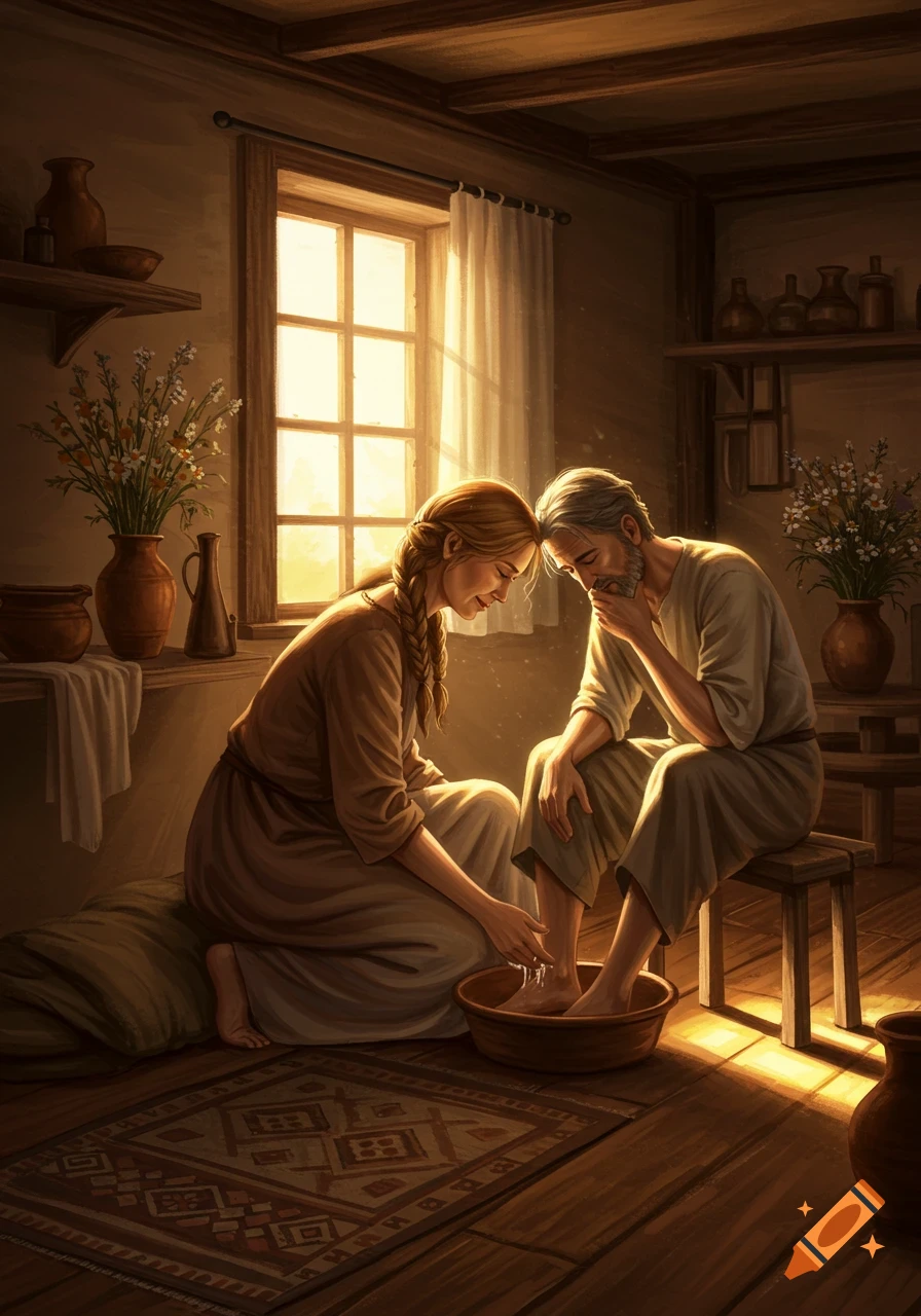 A woman washes an older man's feet in a sunlit, rustic room with clay pots and a rug, in a painterly style.
