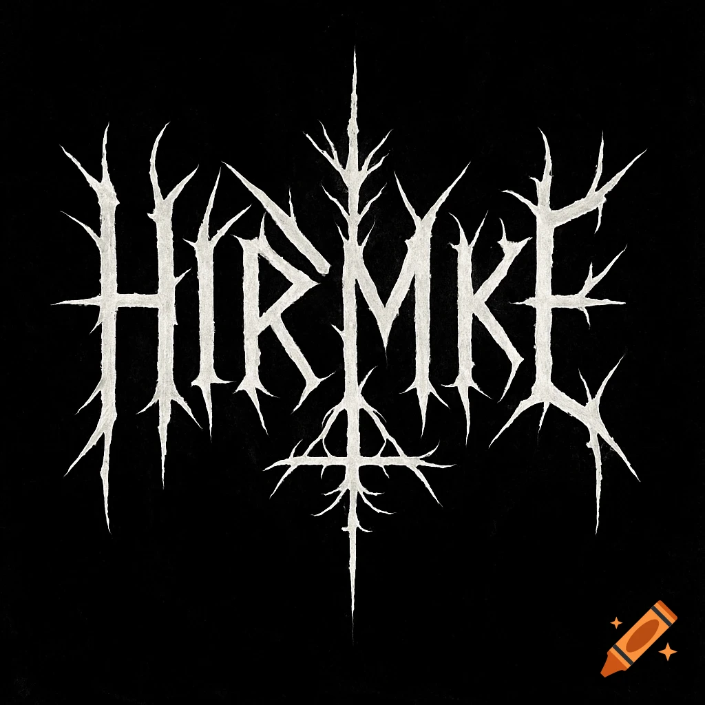 Stylized white jagged text logo for HIRMKE on a black background, in a black metal aesthetic.
