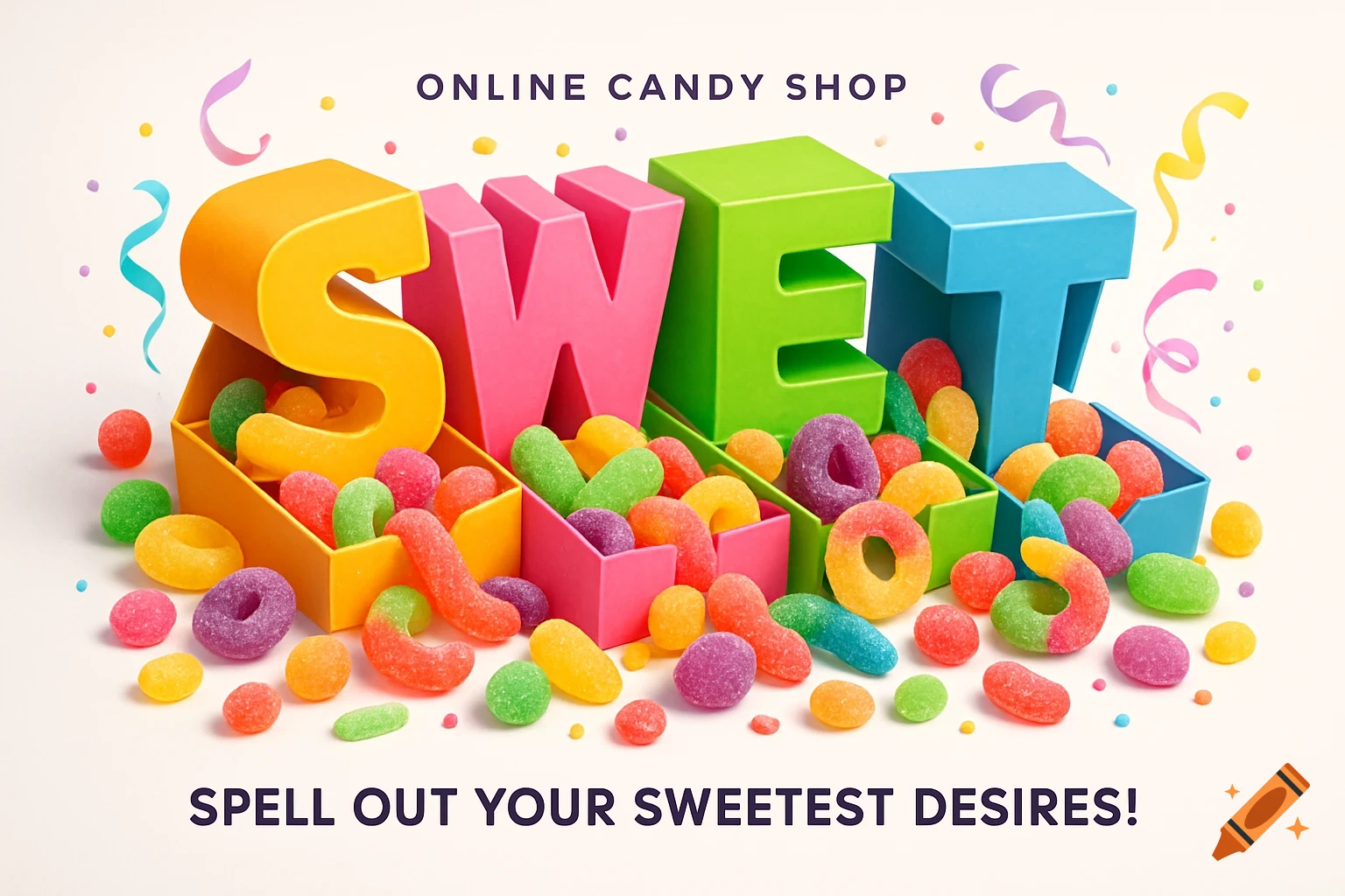 Colorful 3D letters spelling SWEET filled with gummy candies, set against a white background with confetti, for an online candy shop.