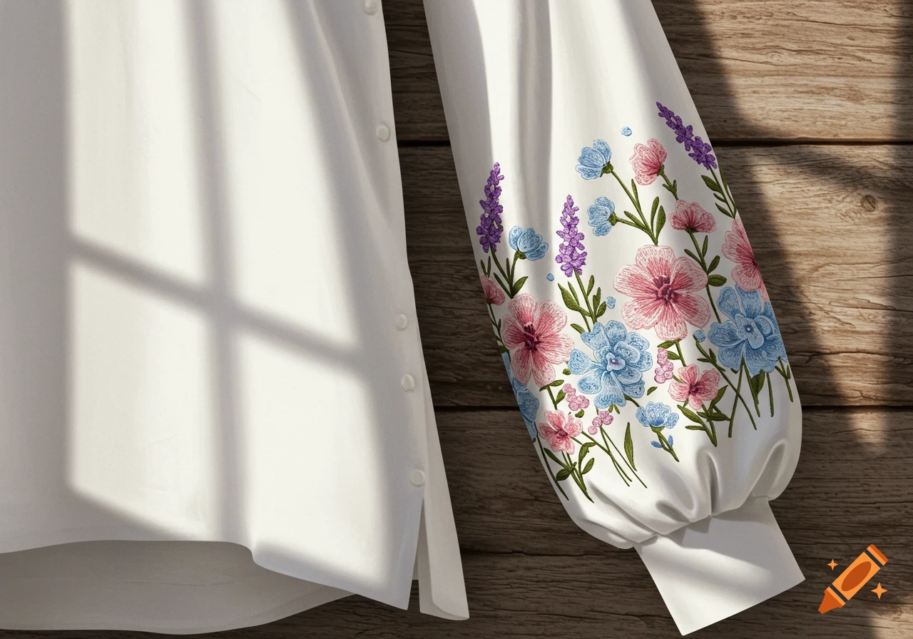Close-up of a white shirt with an elbow-length sleeve featuring colorful floral embroidery, set against a wooden background with window shadows.