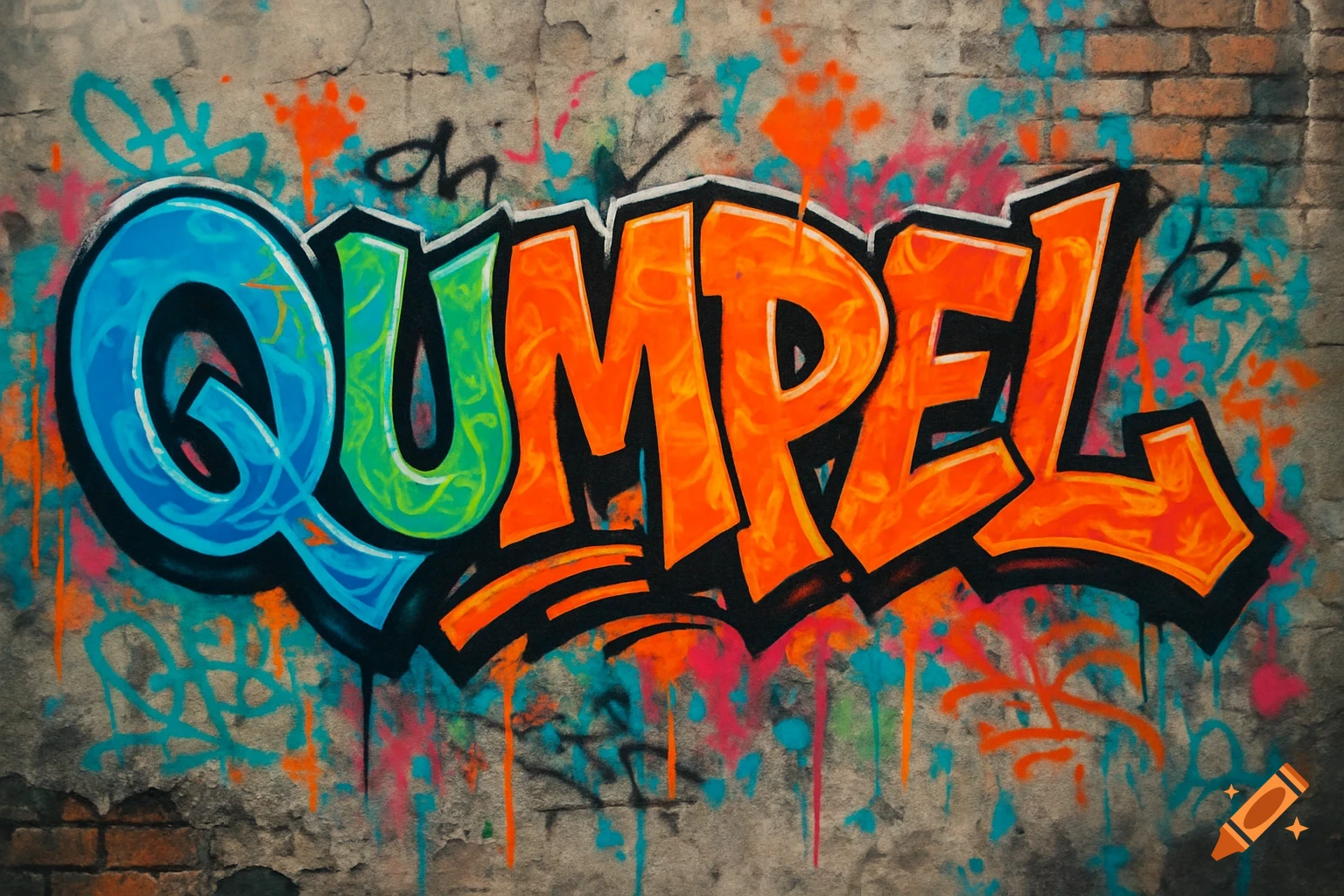 Colorful graffiti spelling "QUMPEL" on a distressed concrete wall with brick showing and paint drips. The letters are bold blue, green, and orange.