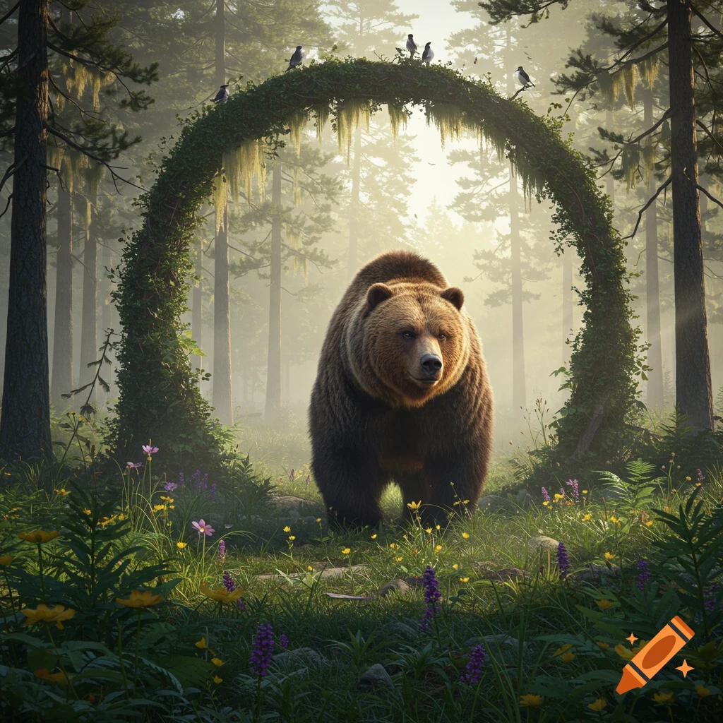A brown bear stands in a misty forest clearing under a vine-covered arch with birds, surrounded by wildflowers.