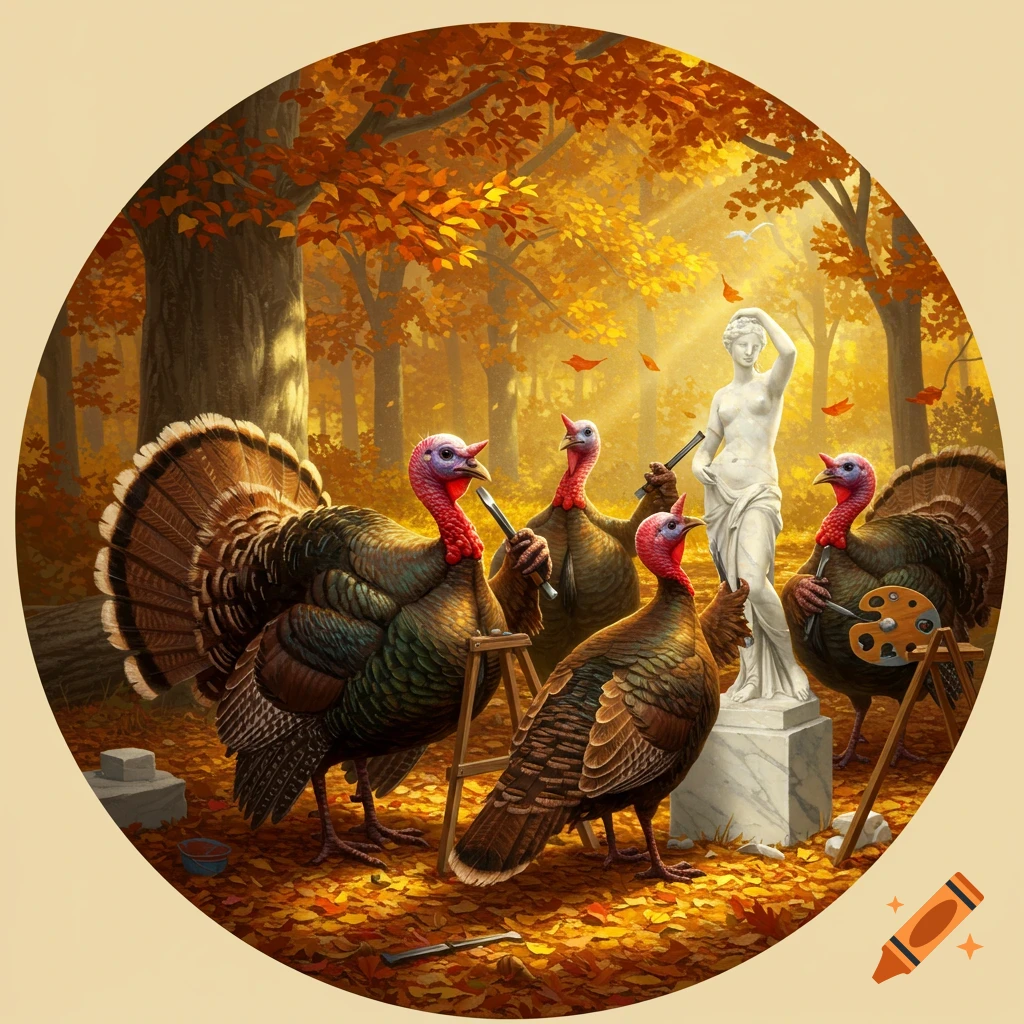 Five turkeys sculpting a classical female nude statue in a vibrant autumn forest, rich in detail and color.