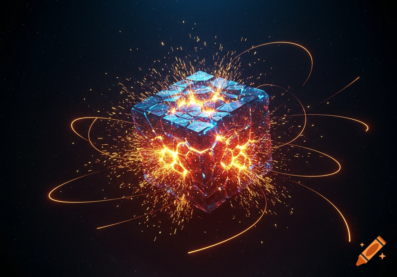A glowing, fractured blue and red tesseract cube bursts with orange sparks and light trails against a dark, starry background.
