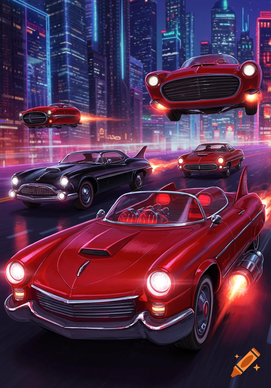 Stylized red and black futuristic cars, some flying, others driving, on a neon-lit city street at night.