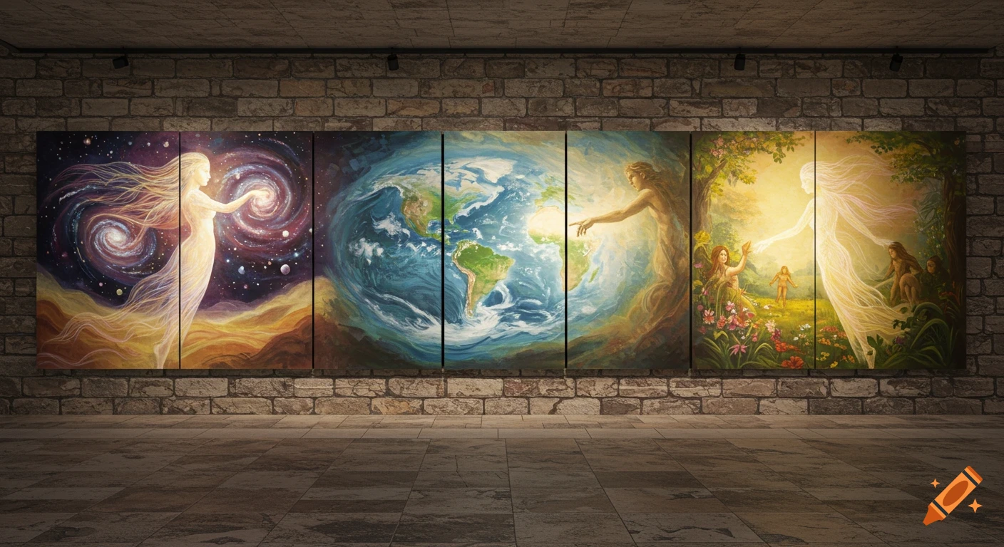 A vibrant mural on a stone wall depicts divine creation: a luminous figure forms a galaxy, then Earth, and finally Adam and Eve in Eden.