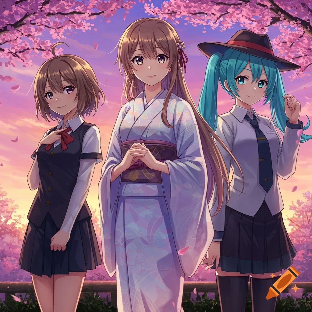 Three anime girls in various outfits (uniform, kimono) smile under pink cherry blossoms at sunset, anime style.