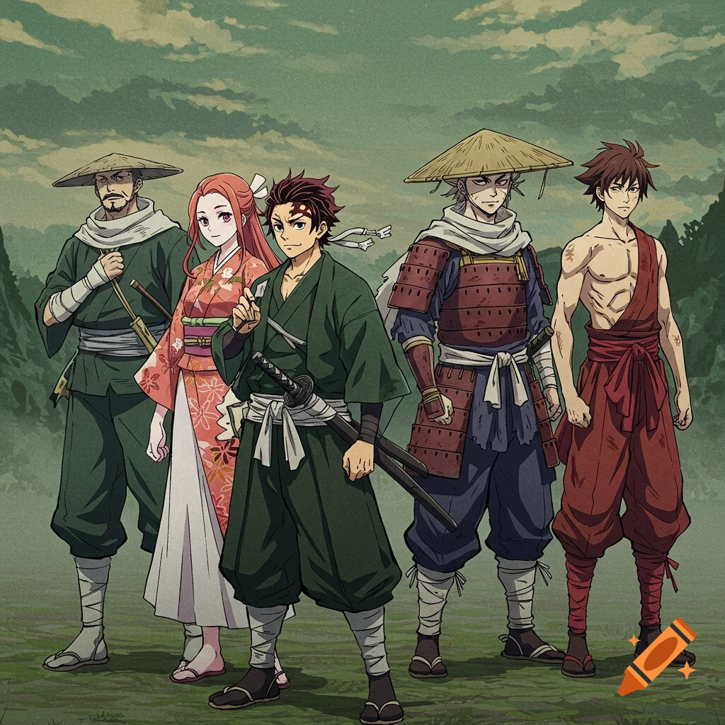 Five anime characters in traditional Japanese clothing and samurai armor stand in a lush green landscape.