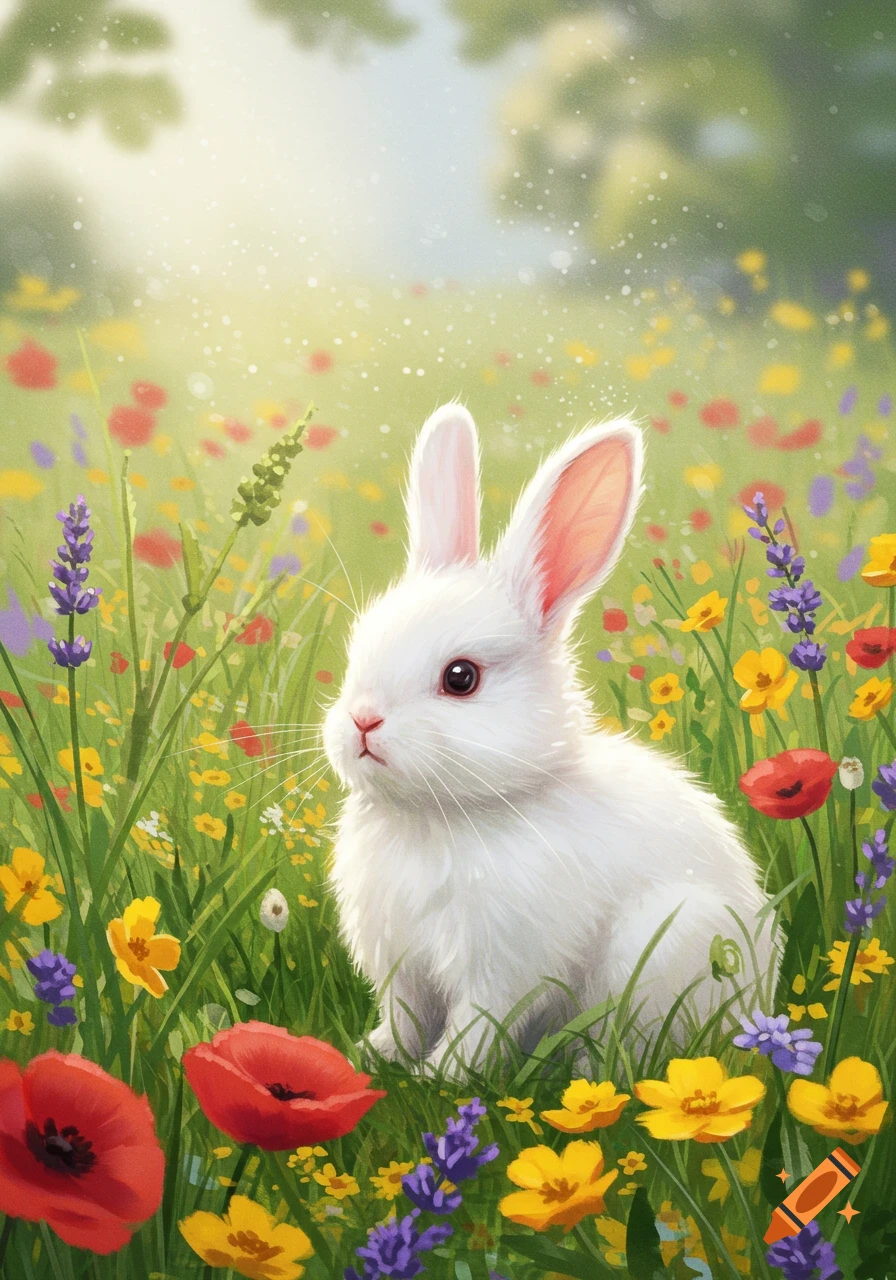 A fluffy white bunny sits in a vibrant field of red, yellow, and purple wildflowers under a bright, sunny sky. Illustrative style.