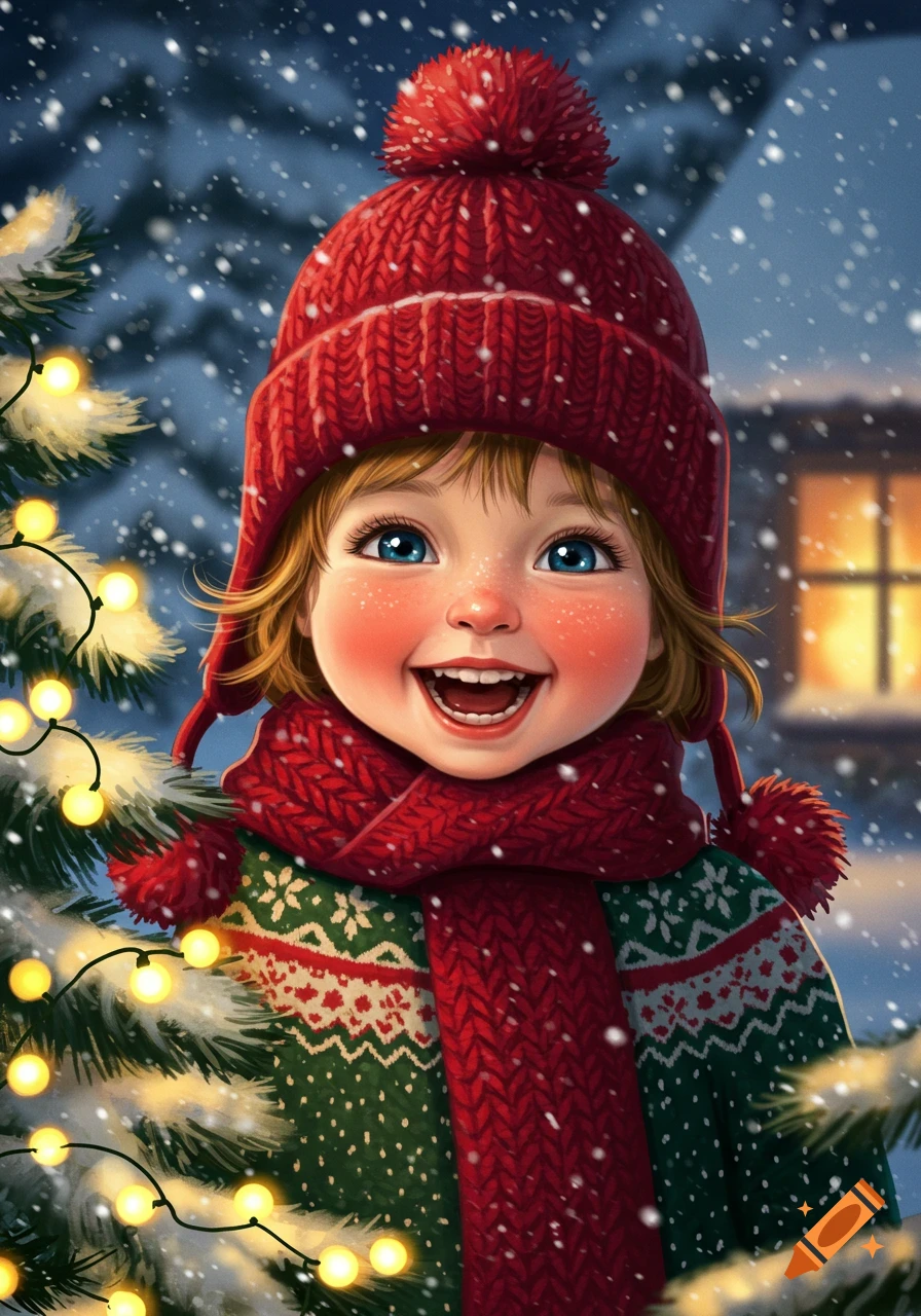 A cheerful cartoon child in a red knitted hat and scarf, wearing a green Christmas sweater, smiling brightly amidst falling snow and twinkling Christmas tree lights.