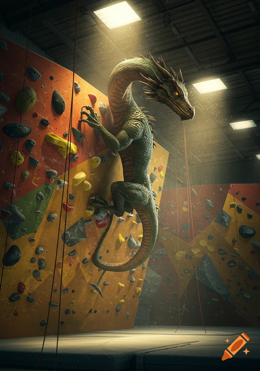 A photorealistic green dragon with glowing eyes scaling a colorful rock climbing wall in a gym under a spotlight.