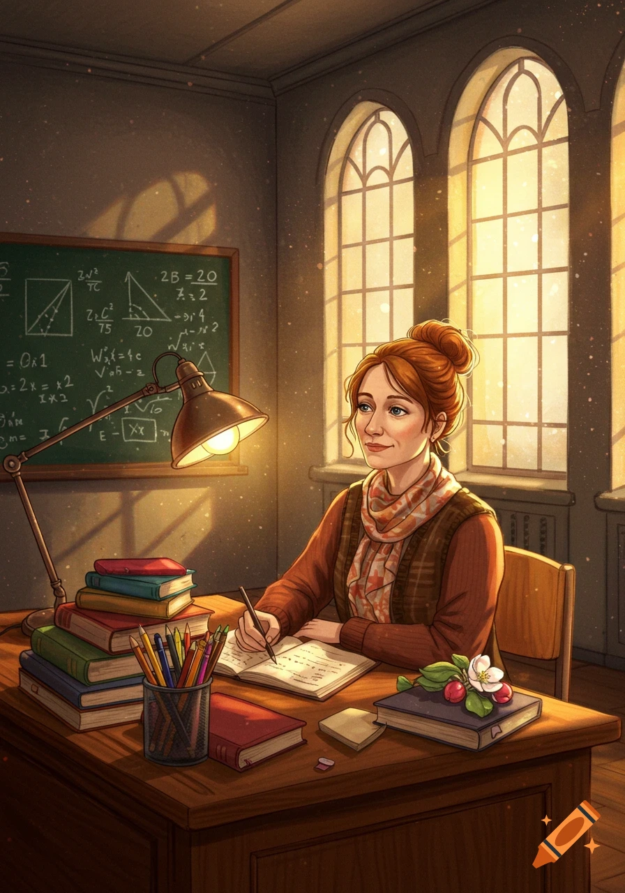 A ginger woman, likely a teacher, sits at a desk in a sunlit room, writing in a notebook. Books, a lamp, and a blackboard with jumbled math equations are visible. The art style is a warm, detailed illustration.