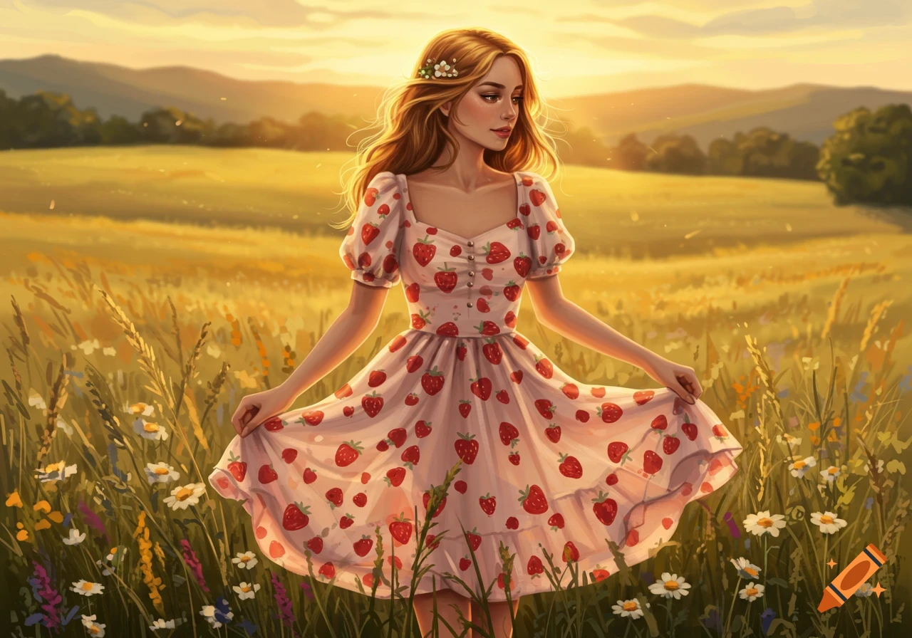 Digital painting of a young woman in a strawberry dress standing in a sunlit golden field with flowers and distant hills.