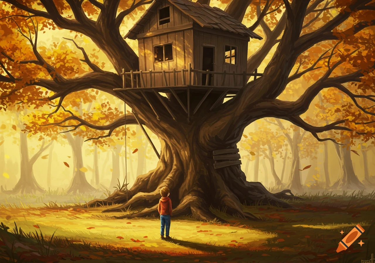 A young child stands beneath a large tree with a wooden treehouse, surrounded by golden autumn leaves in a stylized forest.