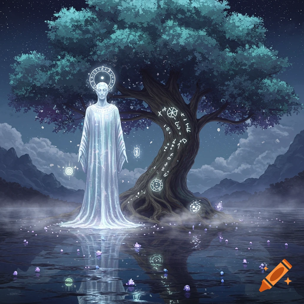 Ethereal figure in glowing robes stands before a mystical, rune-covered tree in reflective water under a starry night sky.