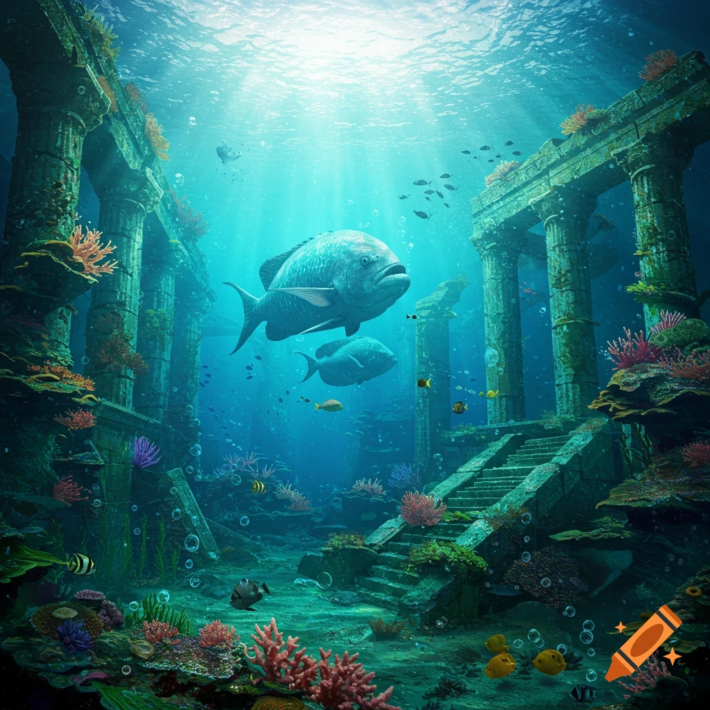 Mysterious photorealistic underwater scene of ancient ruins with large fish and coral reefs, illuminated by sunbeams.