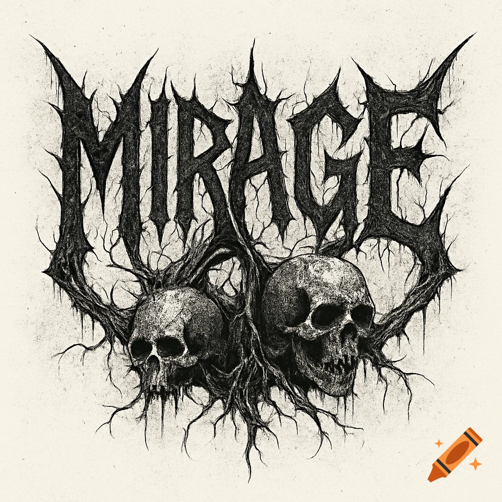 Dark gothic band logo for 'Mirage' featuring splintered, thorny text, twisted roots, and two detailed skulls.