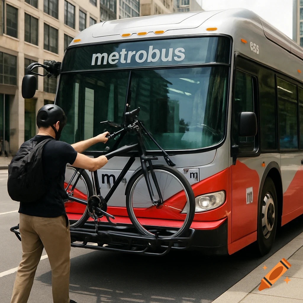 A man loads his bicycle onto the front rack of a red and silver Metro bus in an urban DC setting.
