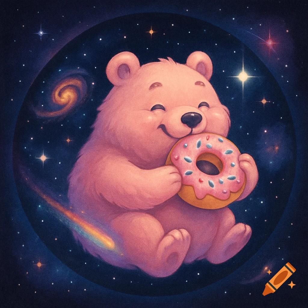 A cheerful pink bear floats in space, eating a donut with pink frosting and sprinkles.