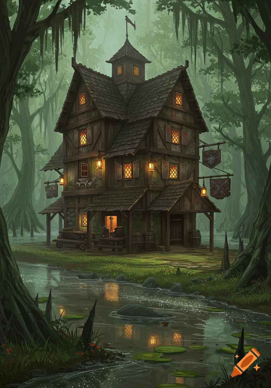A detailed illustration of a cozy, multi-story medieval inn in a misty swamp, surrounded by large trees and a winding river.