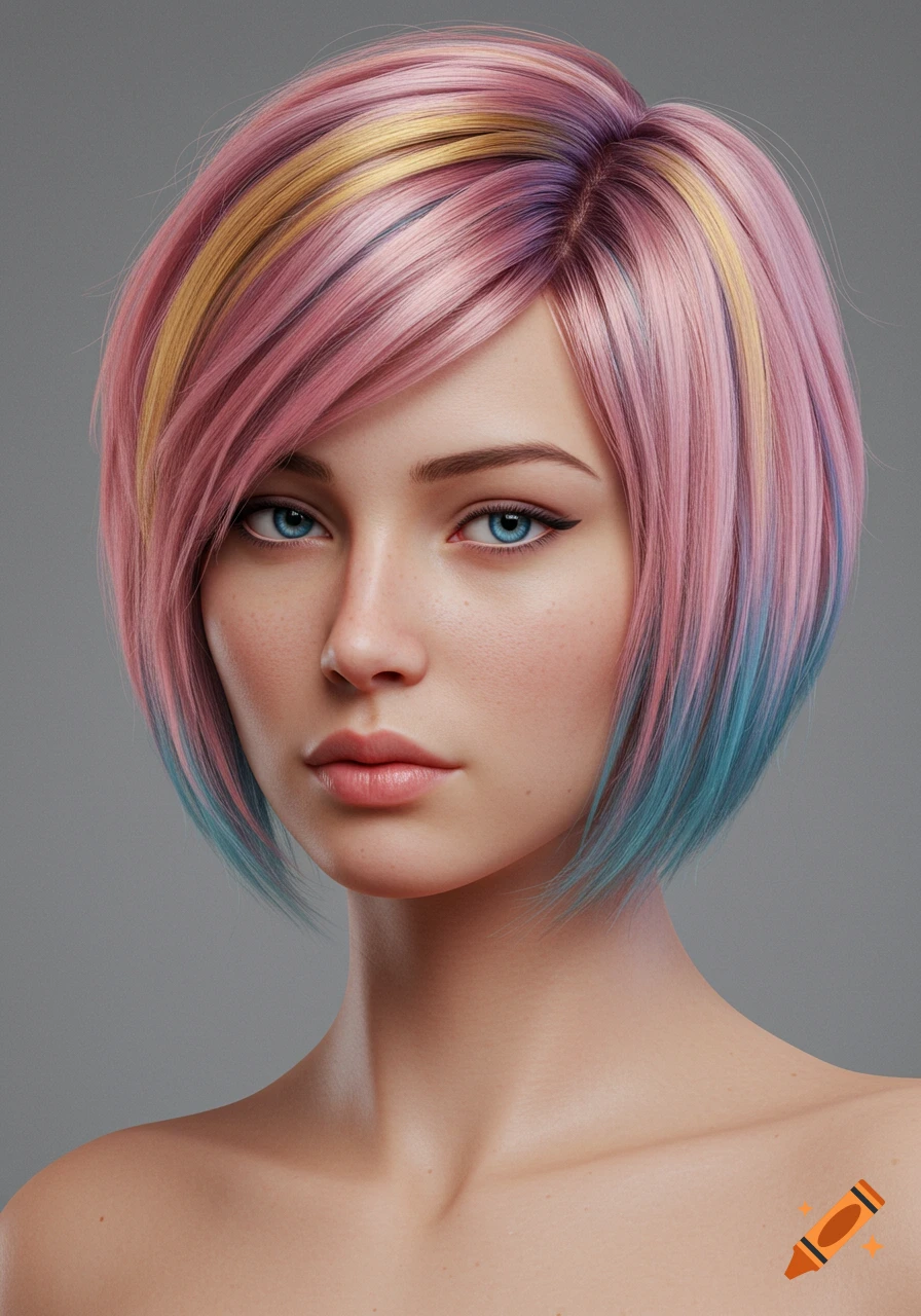 Photorealistic portrait of a young woman with short, multi-colored pink, blue, and gold hair, looking directly forward.