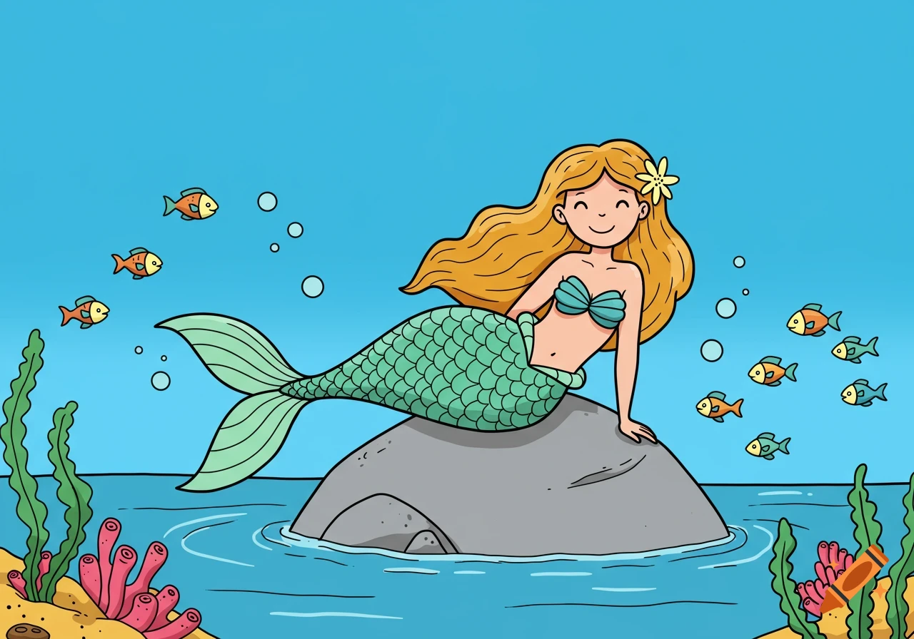 A friendly cartoon mermaid with blonde hair and a green tail sits on a rock underwater, surrounded by fish and seaweed.
