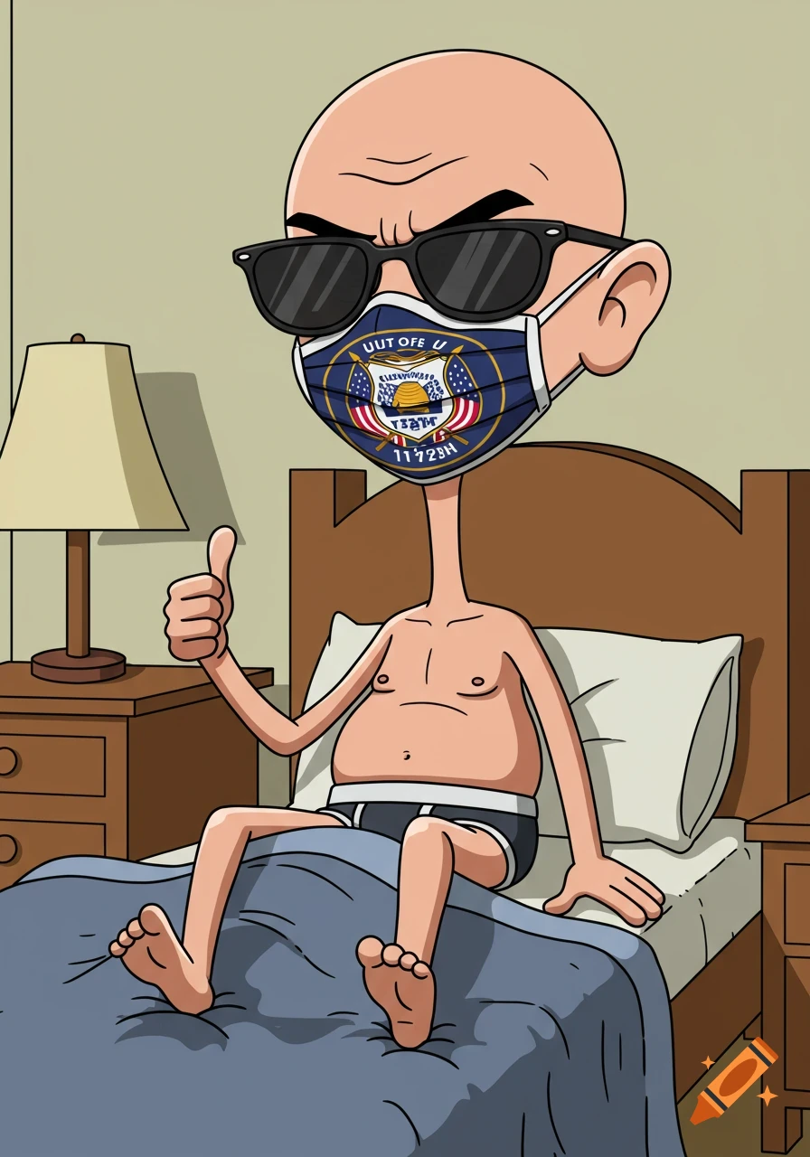 A bald cartoon man with a long neck, sunglasses, and a garbled flag mask sits on a bed in underwear, giving a thumbs up.