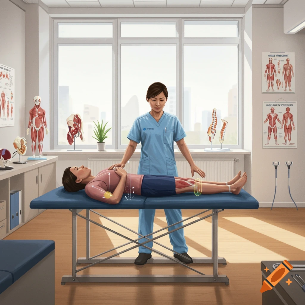 An illustrated kinesiologist in blue scrubs examining a patient lying on an exam table, with anatomical models in the background.