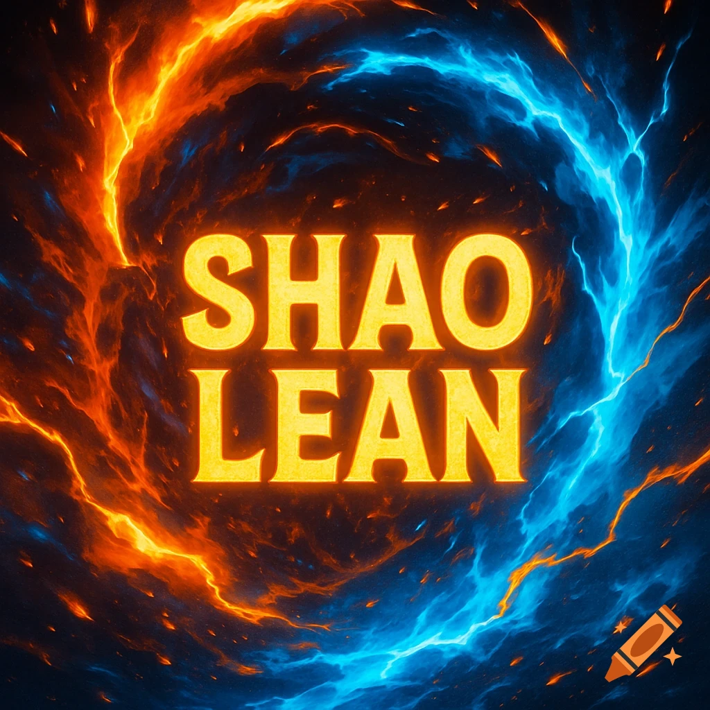 Glowing yellow text 'SHAO LEAN' against a background of swirling orange fire and blue lightning.