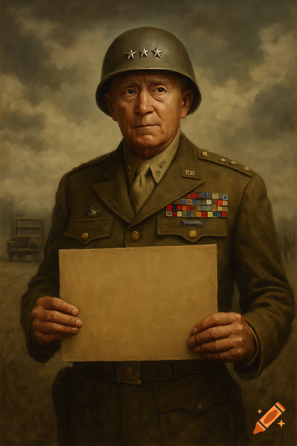 An oil painting of General Patton wearing a helmet and military uniform, holding a blank cardboard sign. A military vehicle is in the blurry background under a cloudy sky.